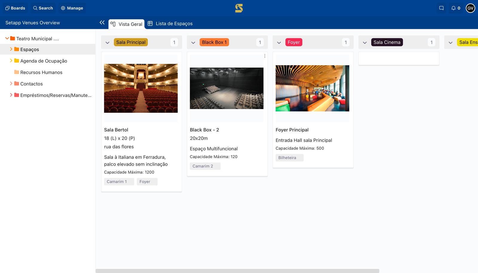 Vista da gestão de espaços da SETaPP