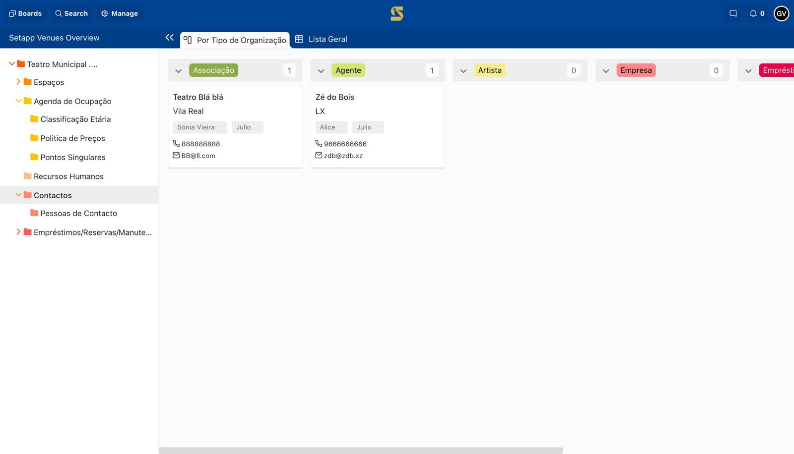 Vista de contactos da SETaPP