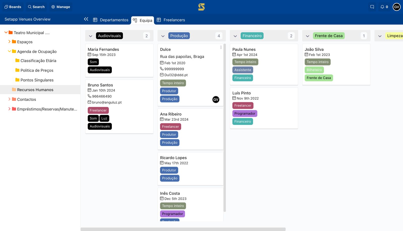 Vista da gestão de recursos humanos da SETaPP